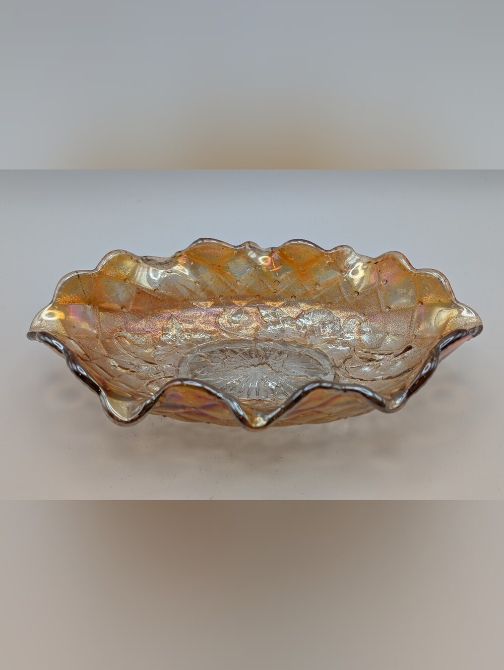 Vintage Marigold Iridescent Flower Candy Dish Bowl Carnival Glass Diamond Cut